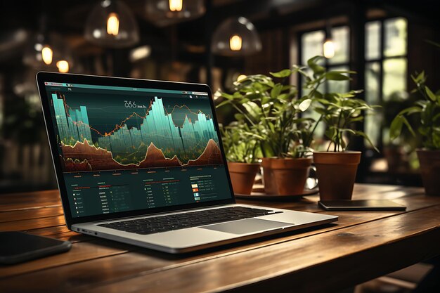 aprire il laptop e il telefono cellulare sul tavolo con la grafica in crescita Foto di un'area di lavoro generata dall'intelligenza artificiale