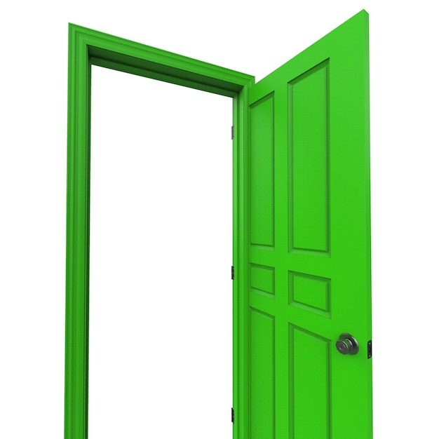 Aprire il verde isolato porta chiusa 3d rendering dell'illustrazione