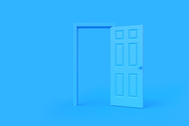 Aprire la porta blu in una stanza con sfondo blu Illustrazione di rendering 3D dell'elemento di progettazione architettonica