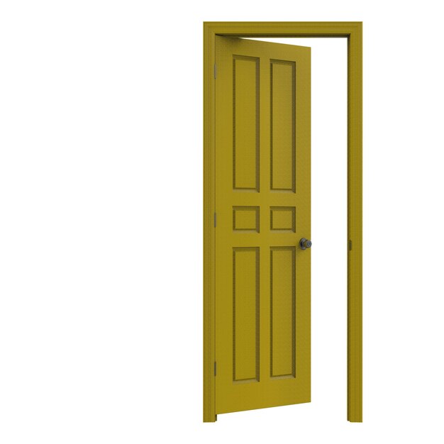 Aprire la porta isolata gialla chiusa 3d rendering dell'illustrazione