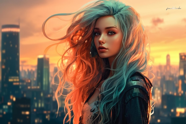 AquaHaired giovane donna che si affaccia sul vivace paesaggio urbano al tramonto