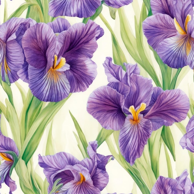 Aquarello in stile fiori di iris a disegno senza cuciture e sfondo bianco