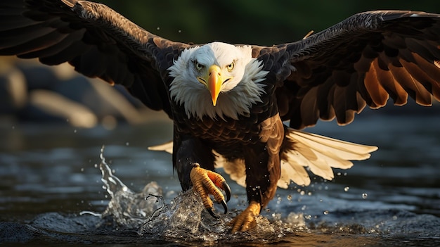 Aquila calva che scende in picchiata per catturare un pesce sul fiume