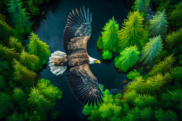 Aquila calva che sorvola una lussureggiante foresta verde piena di molti alberi IA generativa