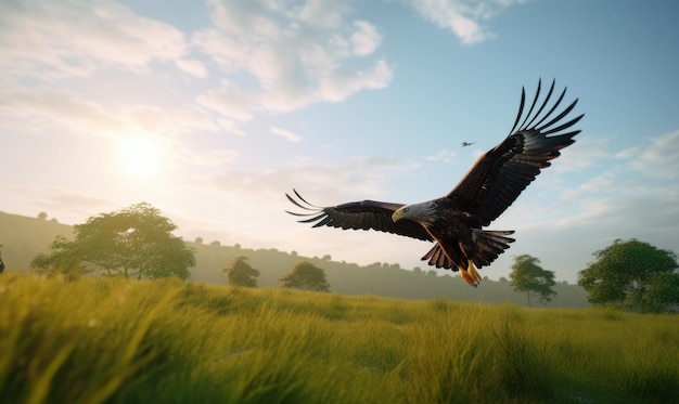 Aquila calva che vola sul campo verde Sfondo del cielo blu Generativo Ai