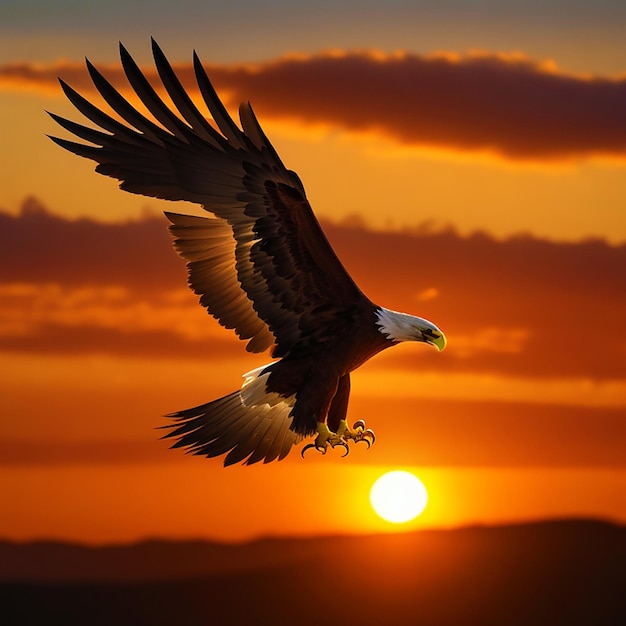 Aquila calva che vola sullo sfondo del tramonto generato dall'intelligenza artificiale