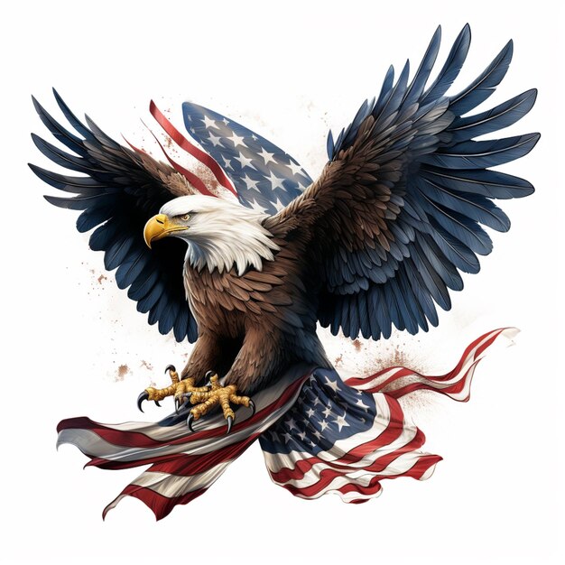 Aquila calva con bandiera americana su sfondo bianco con effetto acquerello generativo ai