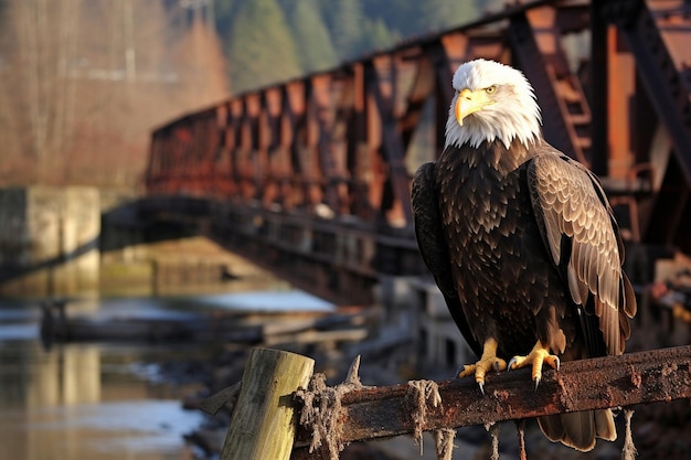 Aquila calva con un vecchio ponte di legno sullo sfondo