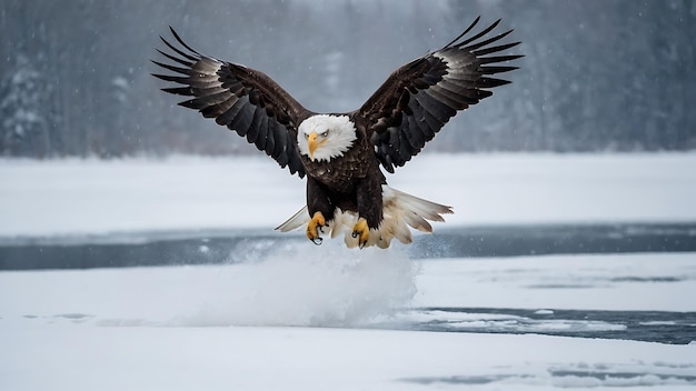 Aquila calva in volo sopra il lago Paesaggio invernale con neve e montagne