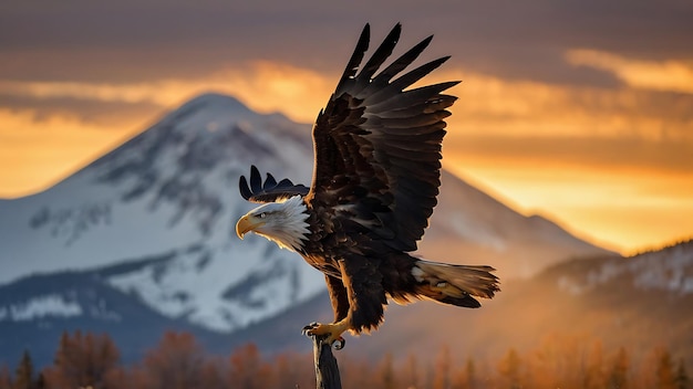 Aquila calva in volo sopra il lago Paesaggio invernale con neve e montagne