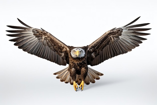 Aquila calva in volo su sfondo bianco