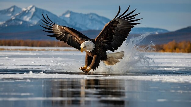 Aquila calva in volo su un lago ghiacciato con neve e cielo blu fotografia invernale