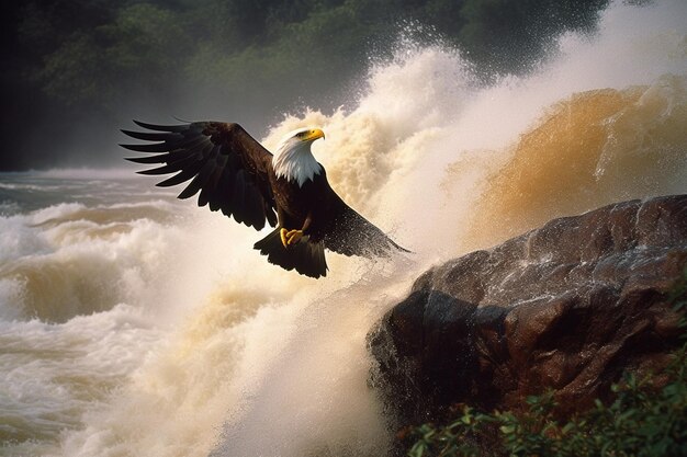 Aquila calva in volo sullo sfondo di una cascata Russia