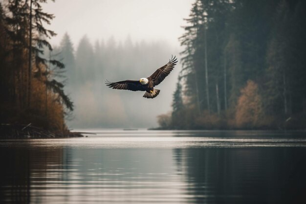 aquila che vola attraverso un lago calmo fotografia naturalistica