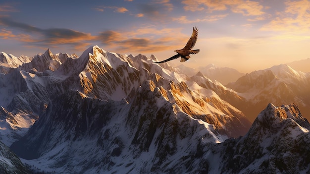 Aquila che vola in montagna con il tramonto IA generativa