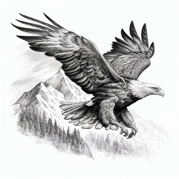 Aquila che vola sopra le montagne, illustrazione in bianco e nero, stile di incisione, per design, stampa,