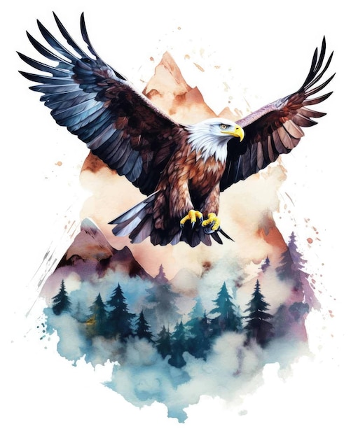 Aquila Doppia esposizione di un'Aquila e alberi di montagne della natura nell'arte dell'acquerello