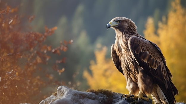 Aquila reale Aquila chrysaetos in piedi nella roccia altura con sfondo naturale