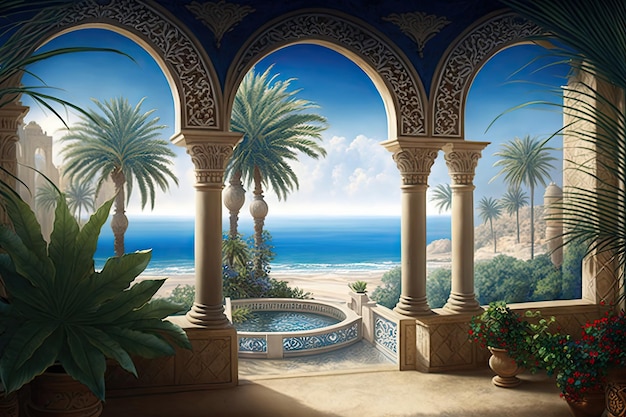 Arab Palace Sea View Grand Hamam Hotel Lussuosi interni orientali Abstract Generative AI Illustrazione