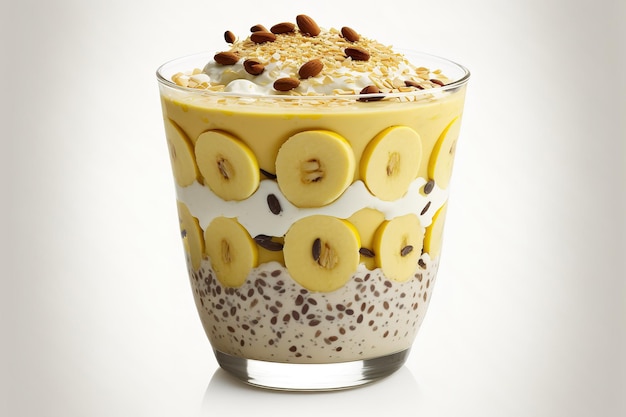 Arachidi e fette di banana matura sono state utilizzate per decorare il budino allo yogurt alla banana e chia