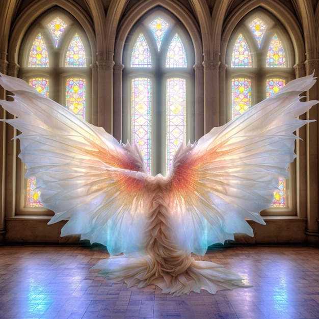 Arafed ali d'angelo in una chiesa con finestre di vetro macchiate generative ai