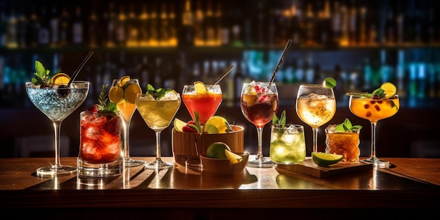 Arafed assortimento di diversi cocktail su un bancone del bar generativo ai