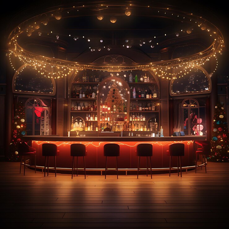 arafed bar with red chairs and a christmas tree in the background