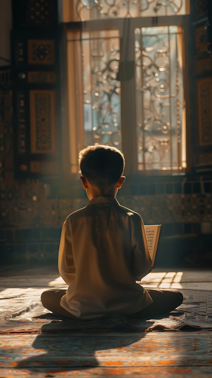 arafed boy sitting on the floor reading a book in a room
