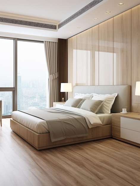 Arafed camera da letto con un grande letto e una grande finestra generativa ai