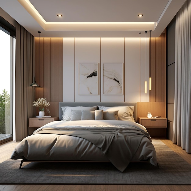 Arafed camera da letto con un letto e una grande finestra con vista generativa ai