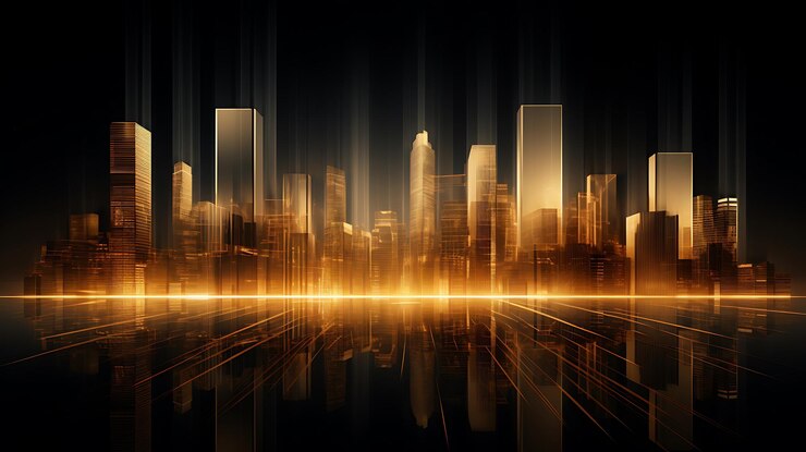 arafed cityscape with a glowing line of buildings in the foreground