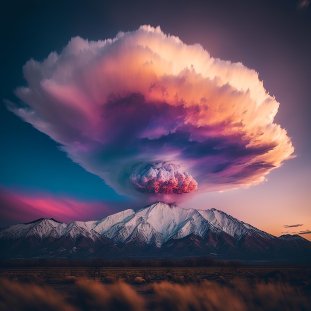 Arafed cloud sopra una montagna con una nuvola rosa e viola ai generativa