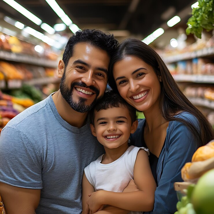 arafed family in a grocery store with a child
