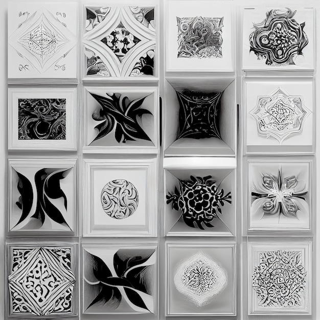arafed fotografia in bianco e nero di un muro di diversi disegni generativo ai