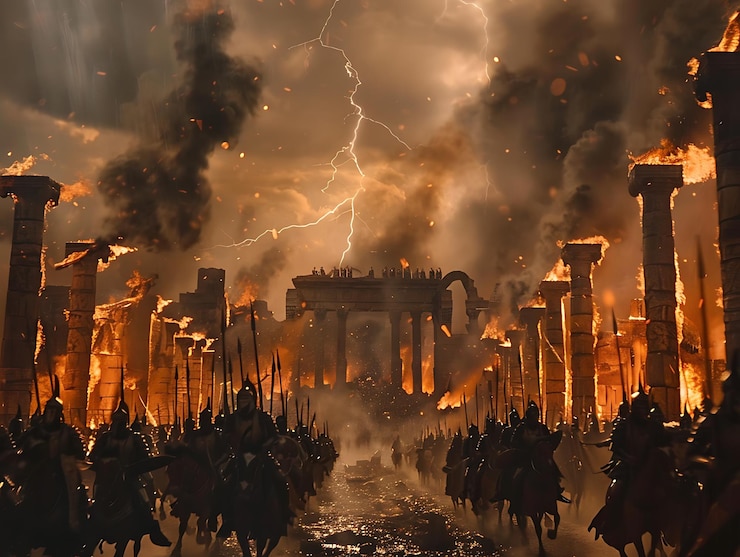 arafed image of a group of people riding horses in front of a fire