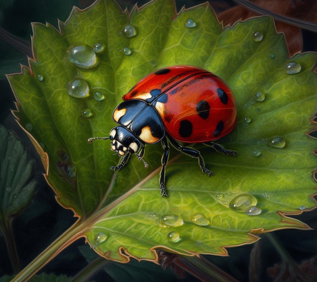 Arafed lady bug su una foglia con gocce d'acqua generative ai