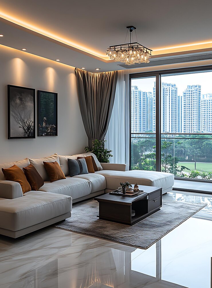 arafed living room with a large white couch and a large window