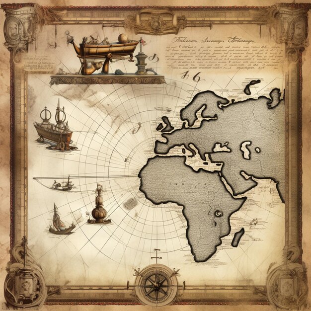 Arafed mappa del mondo con navi e navi su di esso generativo ai