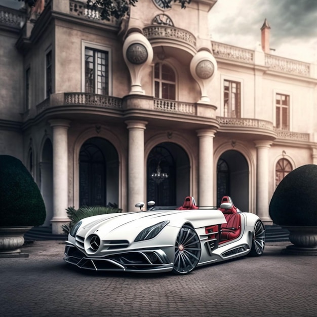 Arafed mercedes sls amg roadster è parcheggiata davanti a una grande villa generativa ai