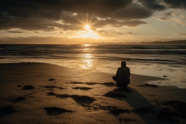 Arafed persona seduta sulla spiaggia a guardare il tramonto generativo ai