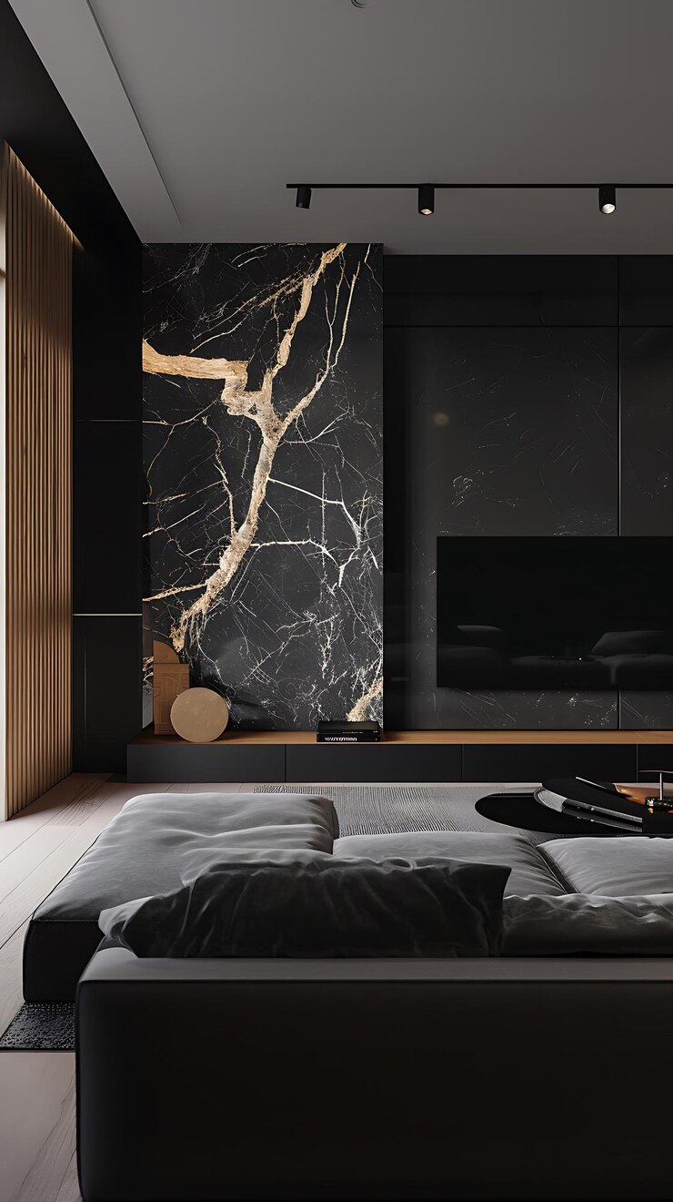 arafed room with a black couch and a large tv