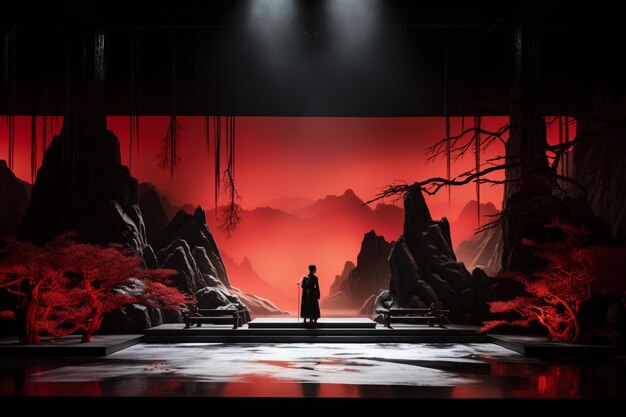 arafed scena di un uomo in piedi sul palco di fronte a uno sfondo rosso generativo ai