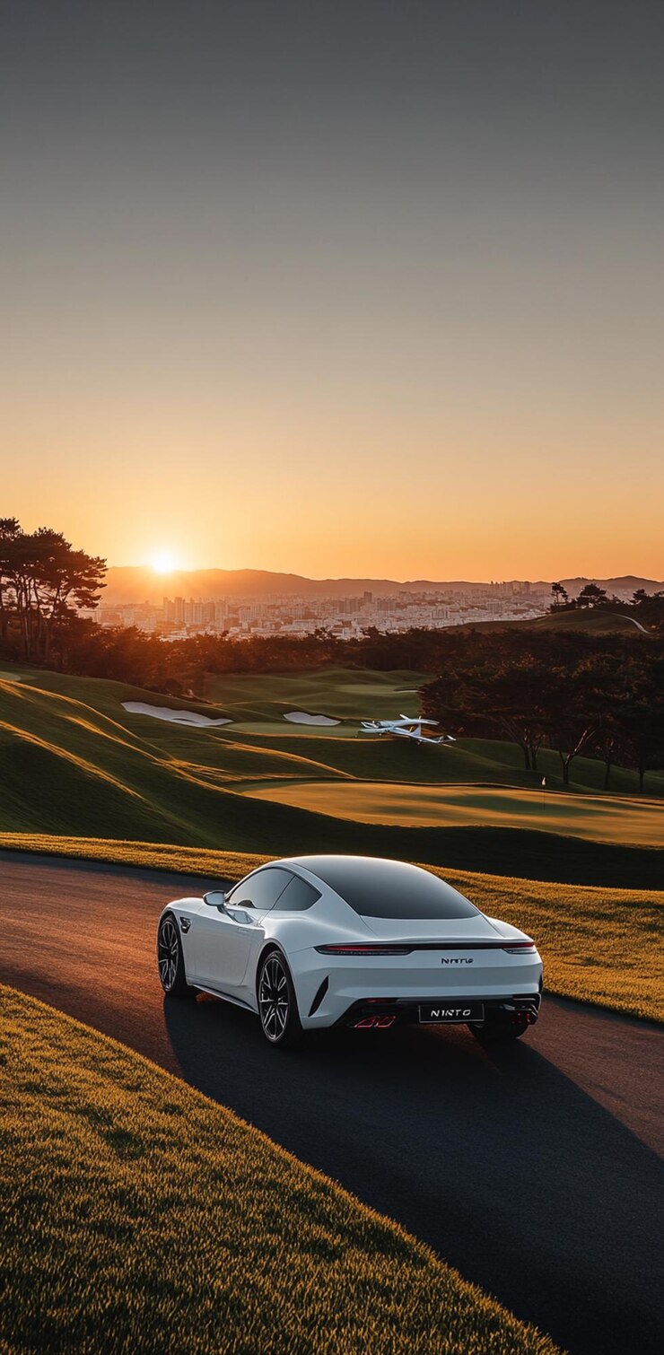arafed sports car driving on a road near a golf course generative ai