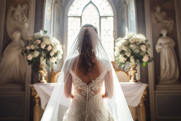Arafed sposa in un abito da sposa in piedi davanti a un altare della chiesa generativo ai