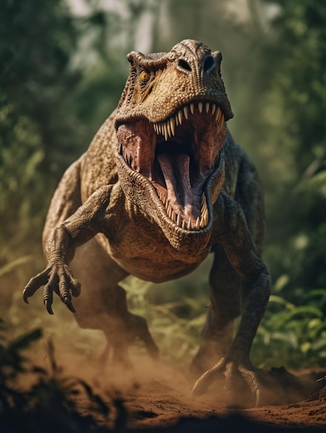 arafed t rex che corre attraverso una foresta con la bocca aperta generativa ai