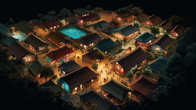 arafed vista aerea di una piccola città di notte generative ai