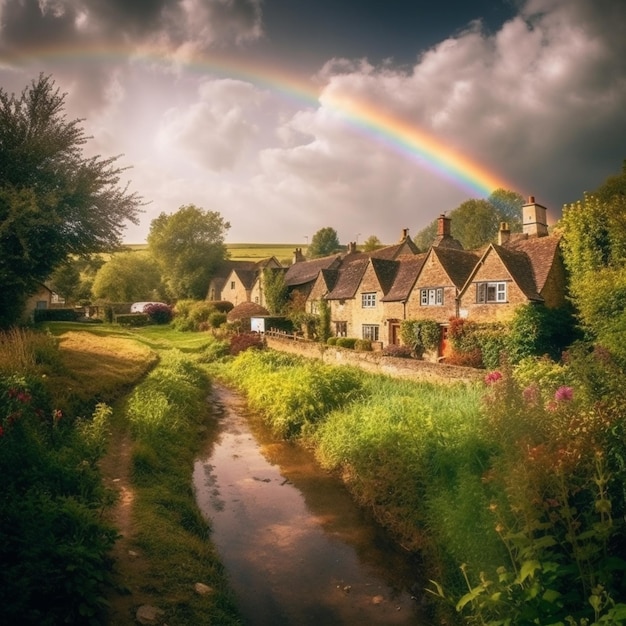 arafed vista di un arcobaleno sopra un villaggio con un ruscello generativo ai