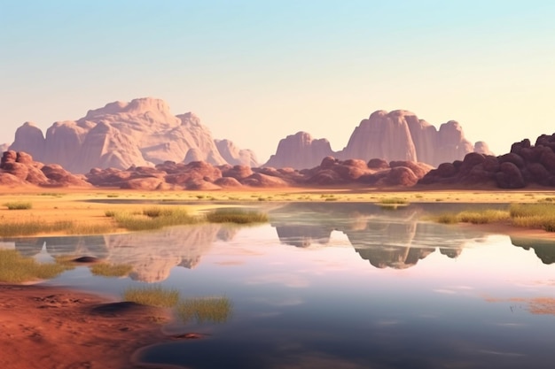 Arafed vista di un deserto con un corpo d'acqua e montagne generativo ai