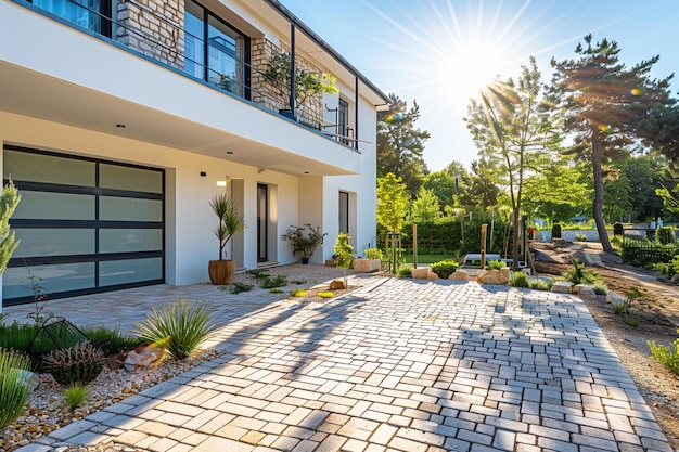 arafed vista di una casa con un vialetto e una passerella generativa ai