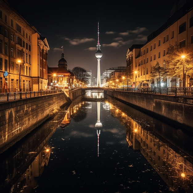 arafed vista di una città di notte con un fiume e una torre alta generativa ai